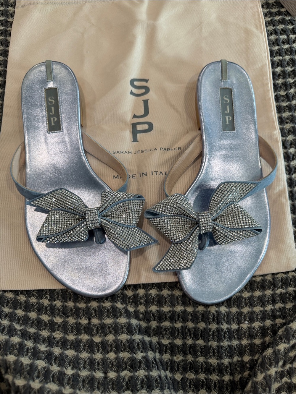 SJP by Sarah Jessica Parker Metallic Blue Satin Bow Slide Sandals